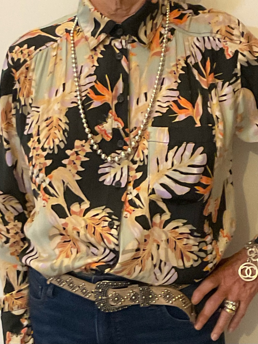 Free People Black Floral Button-Down Shirt with Mint and Coral Accents
